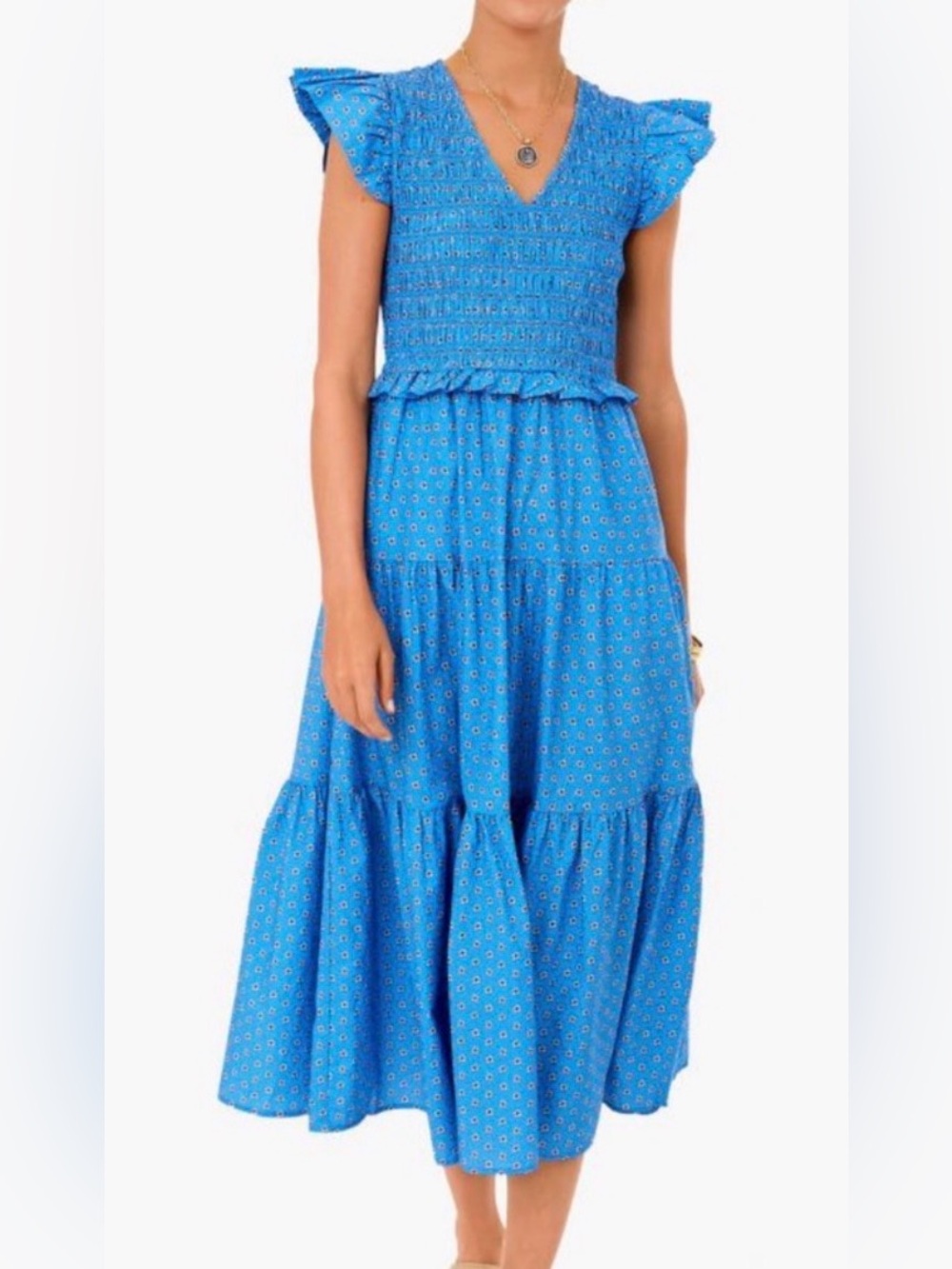 Sea New York Blue Smocked V-
Neck Tiered Midi Dress size 8